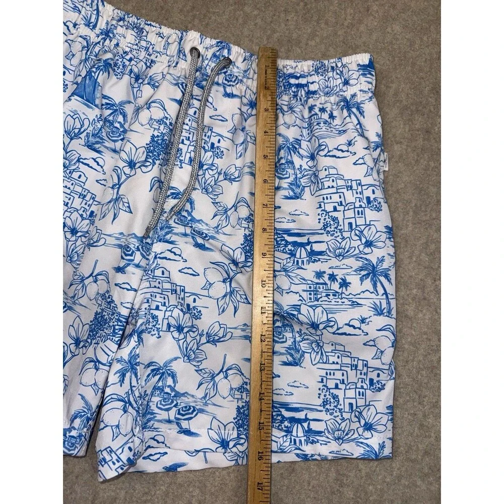 Vintage Summer Men’s Size Medium Swim Trunks Pockets Liner White/Blue Graphic